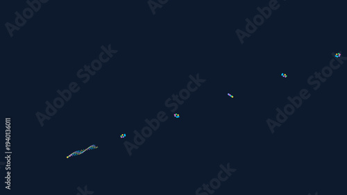 Islands scattered across dark ocean waters viewed from above