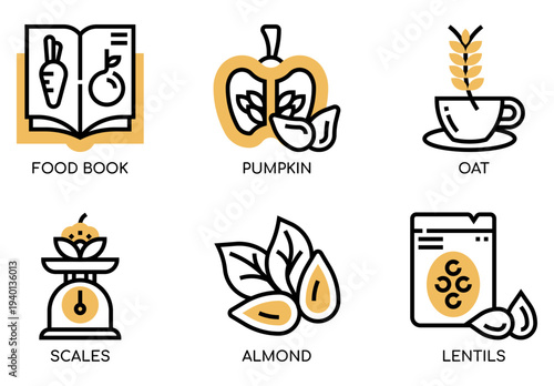Set of 6 Food and Nutrition Line Icons Vector with Yellow Accents: Food Book, Pumpkin, Oat, Scales, Almond, Lentils for Healthy Eating and Diet Concepts
