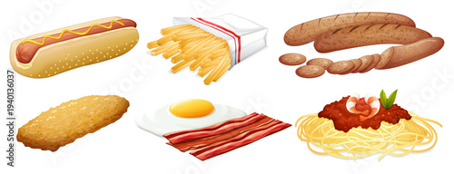 Set of 6 Delicious Fast Food and Breakfast Items Vector Illustration: Hot Dog, French Fries, Sausages, Hash Brown, Bacon and Egg, Spaghetti