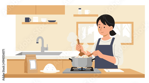 Culinary Creation: A woman meticulously tends to a pot on the stovetop within a warm kitchen, stirring the contents with focused attention. Capturing the moment of culinary craft.