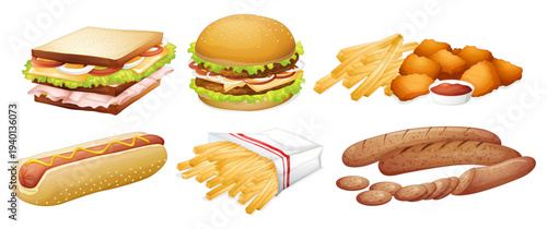 Set of 6 realistic fast food vector illustrations featuring sandwich, burger, hot dog, french fries, chicken nuggets with sauce, and sausages, ideal for menus and restaurant designs.