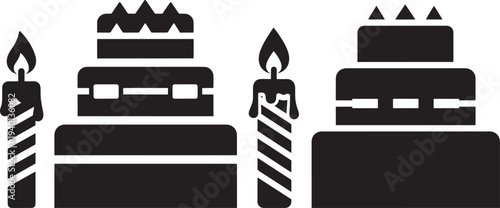 Two birthday cake icons with lit candles, symbolizing celebration, birthdays, or parties
