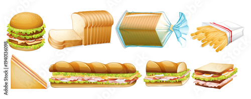Set of 8 realistic vector illustrations featuring various bread products, sandwiches, a burger, and french fries, perfect for food menus or fast-food designs.