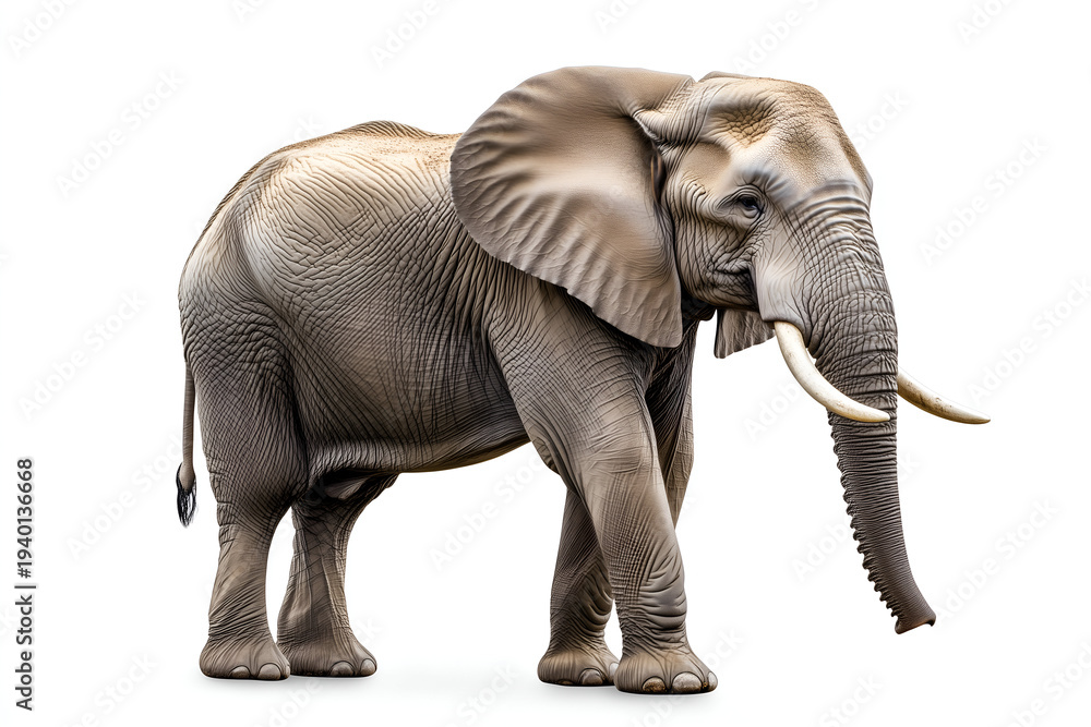 Fototapeta premium African elephant walking in side profile view isolated on white background