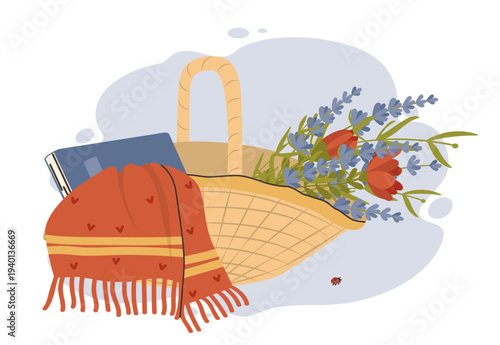 Cozy flat vector illustration of a straw picnic basket with a red heart-patterned blanket, blue book, and lavender flowers. Ideal for spring nature and slow living concepts.