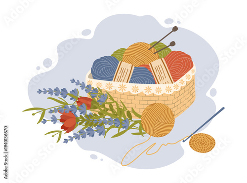 Cozy knitting basket with colorful yarn balls, needles, and lavender flowers. Flat vector illustration for handmade hobby, craft workshop, or spring greeting card design.