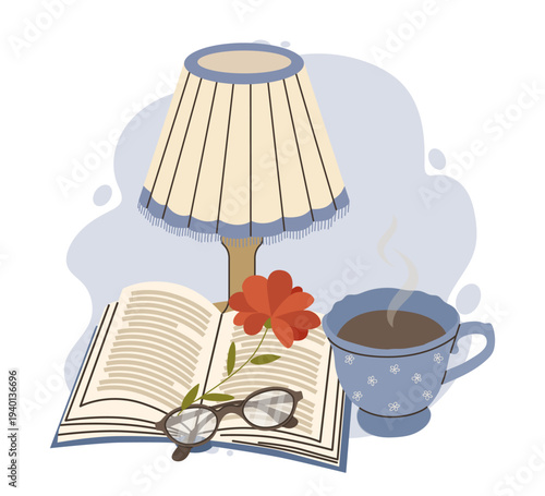 Cozy reading corner with vintage lamp, open book, glasses, and a blue coffee cup. Flat vector illustration for library, home education, or slow living concept.
