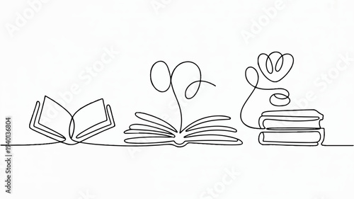 Continuous line drawing of books and flowers on a shelf symbolizing learning and growth in education