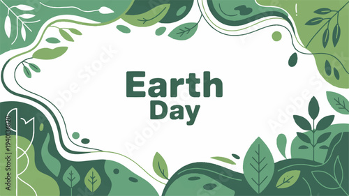 Earth day eco friendly illustration with green leaves and wavy lines on white background for environmental awareness campaigns and sustainable living promotions