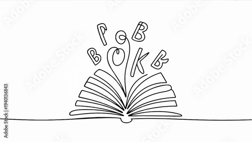 Open book with colorful letters spelling 'feb book' rising from pages on white background
