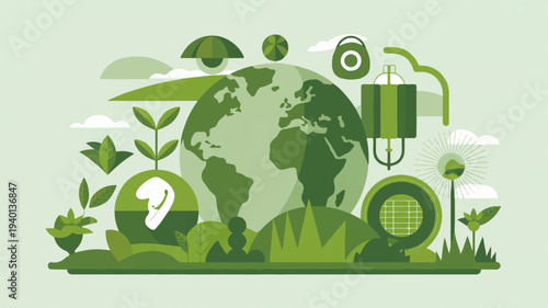 Eco friendly earth with green plants and recycling symbols on a light background representing environmental conservation and sustainability