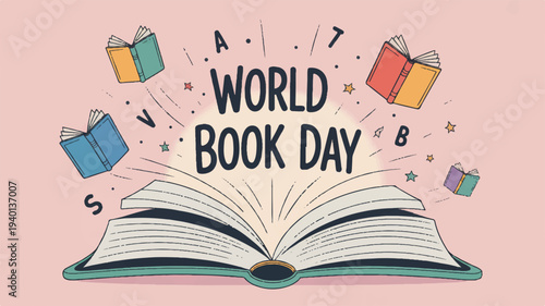 World book day celebration with open book and flying books around symbolizing reading and literature