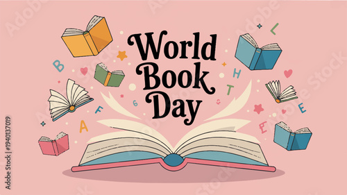 World book day celebration with open book and flying books around it on pink background