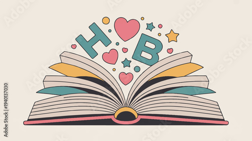 Open book with colorful letters and hearts floating out symbolizing love for reading and learning in education