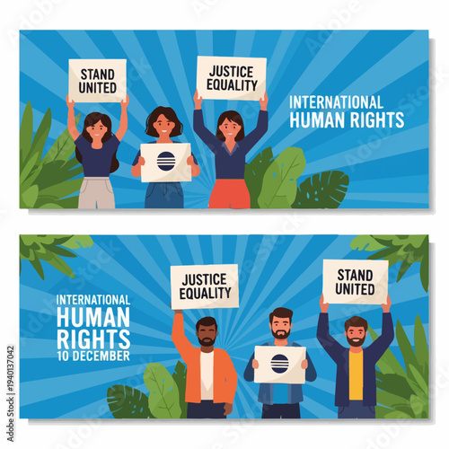 People holding signs for international human rights justice and equality.