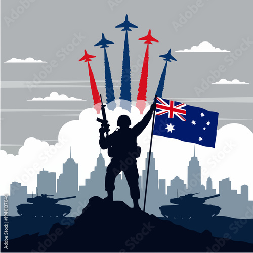 Australian Soldier Holding Flag and Rifle with Fighter Jets Overhead.