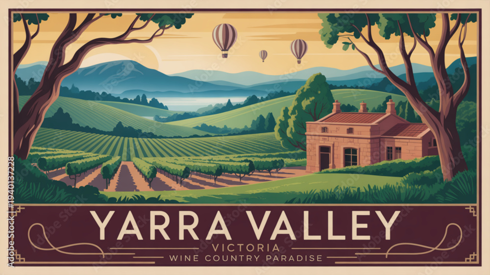 Fototapeta premium Serene yarra valley landscape with hot air balloons floating above lush vineyards and a rustic house