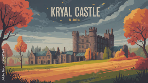 Kryal castle in autumn with colorful trees and cloudy sky