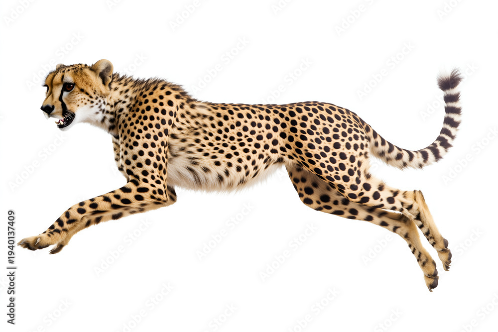 Fototapeta premium Fast cheetah sprinting and jumping side profile view isolated on white background