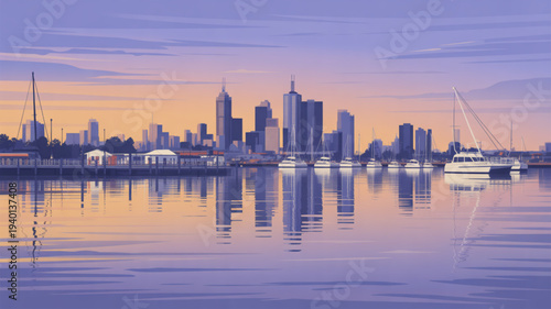 Serene city skyline at dusk with sailboats docked in calm waters reflecting vibrant purple and orange hues of the sky