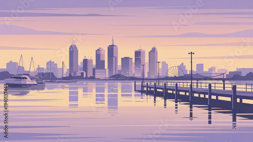 Serene cityscape at dusk with calm water wooden pier and sailboat against pastel purple and orange sky