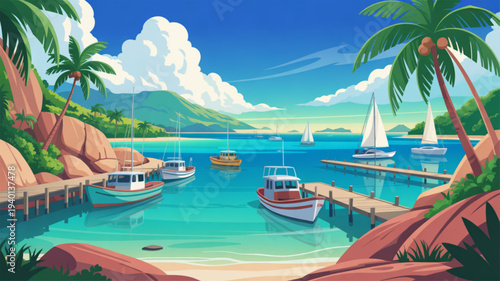 Tropical island beach with boats palm trees and sailboats in turquoise water sunny paradise landscape