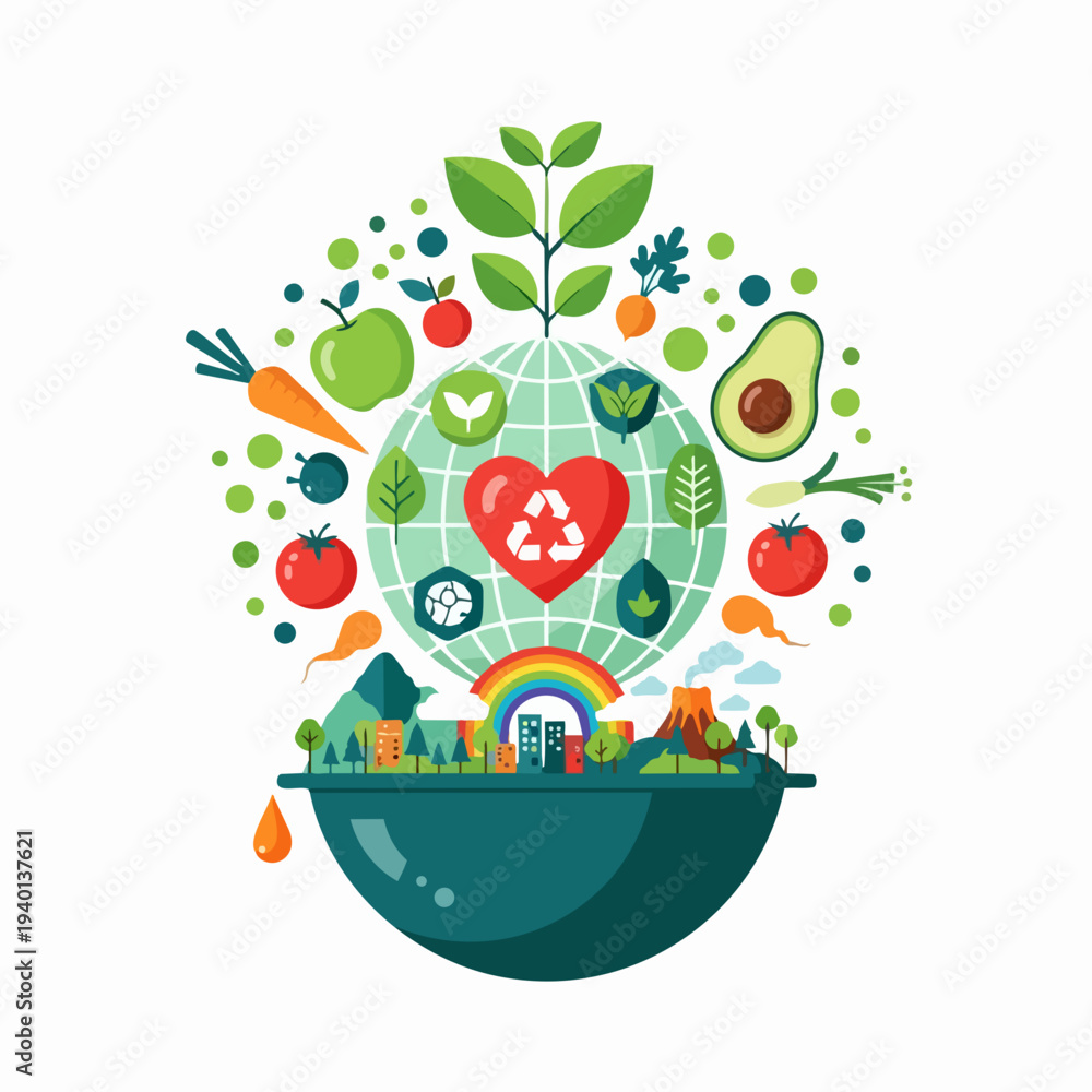 Fototapeta premium Healthy Planet Earth with Fruits Vegetables and Heart Symbol.