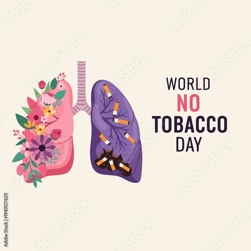 World No Tobacco Day healthy lungs versus unhealthy lungs illustration.