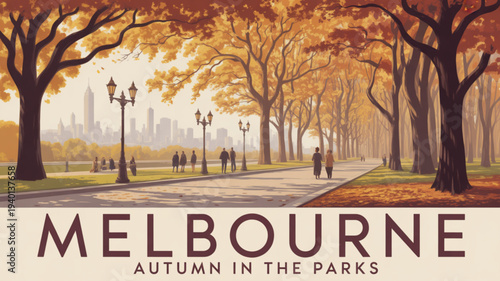 Melbourne autumn scene with people walking in park city skyline in background streetlights and vibrant fall foliage