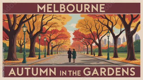Melbourne autumn scene couple walking in royal botanic gardens during fall with colorful trees and city skyline
