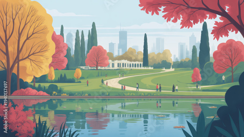 Serene city park with vibrant autumn foliage and a tranquil lake reflecting the colorful trees and distant urban skyline on a sunny day