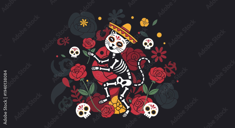 Fototapeta premium Day of the Dead Cat Skeleton Dancing with Flowers and Skulls