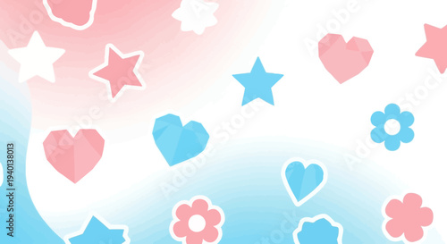 Cute Pastel Hearts Stars Flowers Background, Baby Shower Gender Reveal, Abstract Soft Gradient
