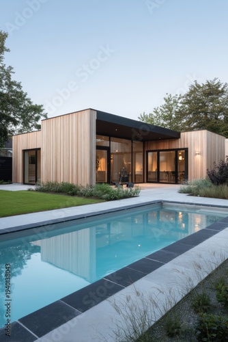 A contemporary home featuring a stylish wooden exterior, complemented by a beautiful swimming pool in the backyard, illuminated by the soft glow of early evening light