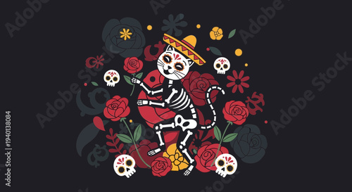 Day of the Dead Cat Skeleton Dancing with Flowers and Skulls