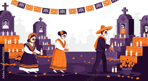 Day of the Dead celebration with people in costumes at a decorated cemetery