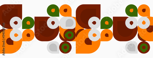 Retro pattern features overlapping circles, squares, curves. Colors include orange, brown, green, gray. Simple geometric design repeats horizontally.