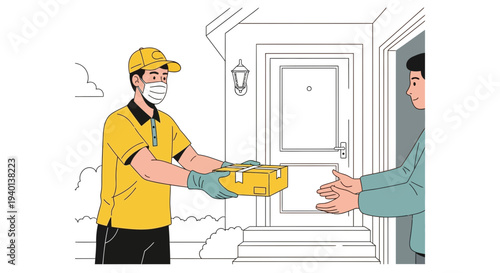 Delivery person in mask and gloves hands package to customer at door, contactless delivery