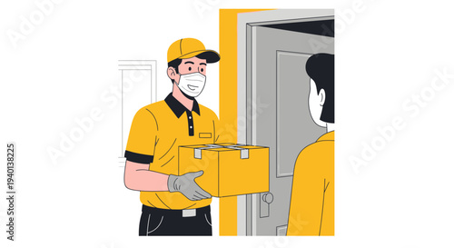 Delivery person in mask hands over package to customer at door, contactless service