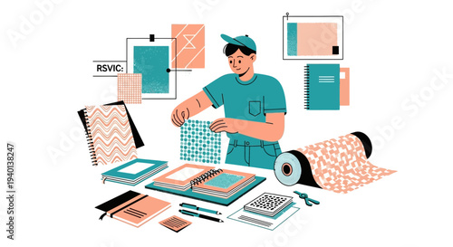 Designer working with fabric samples and notebooks, creative process, graphic design