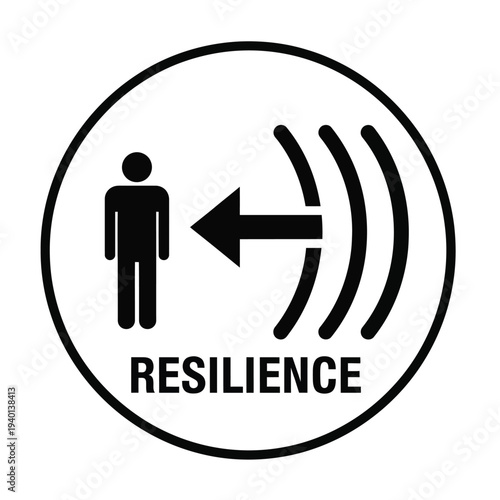 A circular black and white sign depicts a figure facing away from sound waves illustrating the concept of resilience high quality professional detailed modern elegant stylish