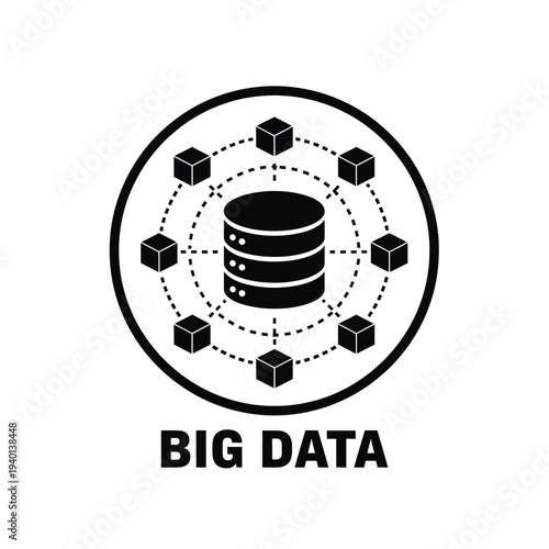 A black and white graphic depicts a central database cylinder surrounded by smaller cubes connected by dotted lines labeled big data high quality professional