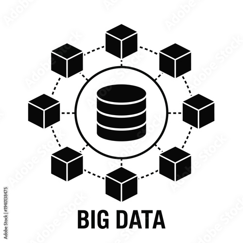 A black and white graphic depicts a central database cylinder surrounded by connected cubic structures representing big data high quality professional detailed modern elegant