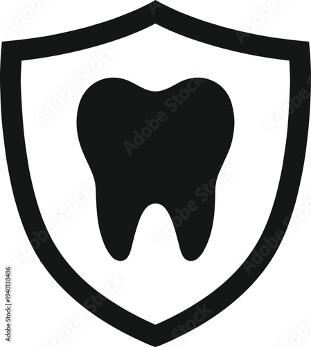 A tooth silhouette enclosed within a protective shield symbol. Perfect for dental insurance branding, tooth decay prevention, safety, and oral health security concepts.