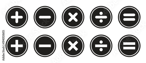 Basic Math Symbols Round Button Icon Set, Plus Minus Multiply Divide Equal Vector Icons