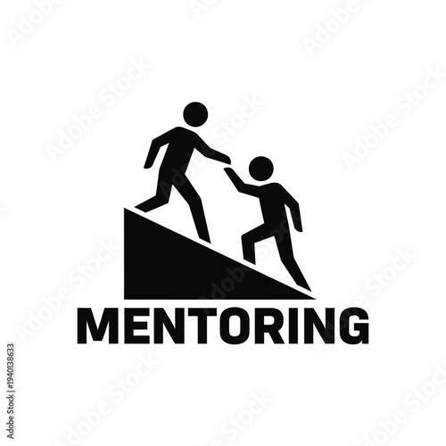 A stark black and white graphic depicts two figures one assisting the other up a steep incline symbolizing mentorship and support high quality professional detailed modern