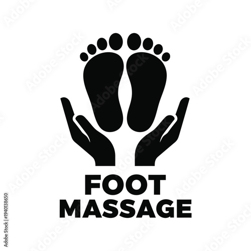 A minimalistic black and white graphic depicts two hands cradling a pair of footprints advertising foot massage services high quality professional detailed modern elegant stylish clean