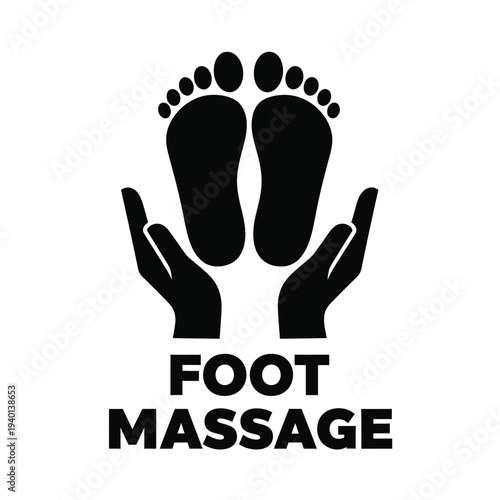A graphic depiction shows two black footprints held within cupped hands accompanied by bold text declaring foot massage high quality professional detailed modern elegant