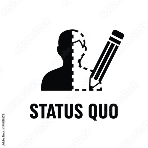 A striking black silhouette depicts a human head seamlessly transitioning into a pencil alongside the text status quo high quality professional detailed modern elegant