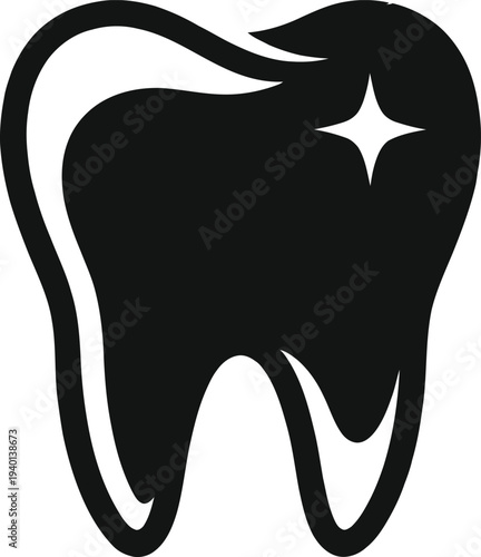 Sparkling tooth icon for dental whitening and hygiene. Shiny black tooth silhouette with star sparkle for aesthetic dentistry, bright smile, and oral health awareness.